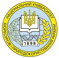 Логотип НУБіП України. Круглої форми. Зовнішнє коло жовте - на ньому надпис Україна Національний аграрний університет. На внутришньому синьому полі стилізована розкрита книга, на якій знаходиться Малий герб України - Тризуб. Під книгою надпис НАУ від якої в два боки розходиться по одному стилізованому колосу.